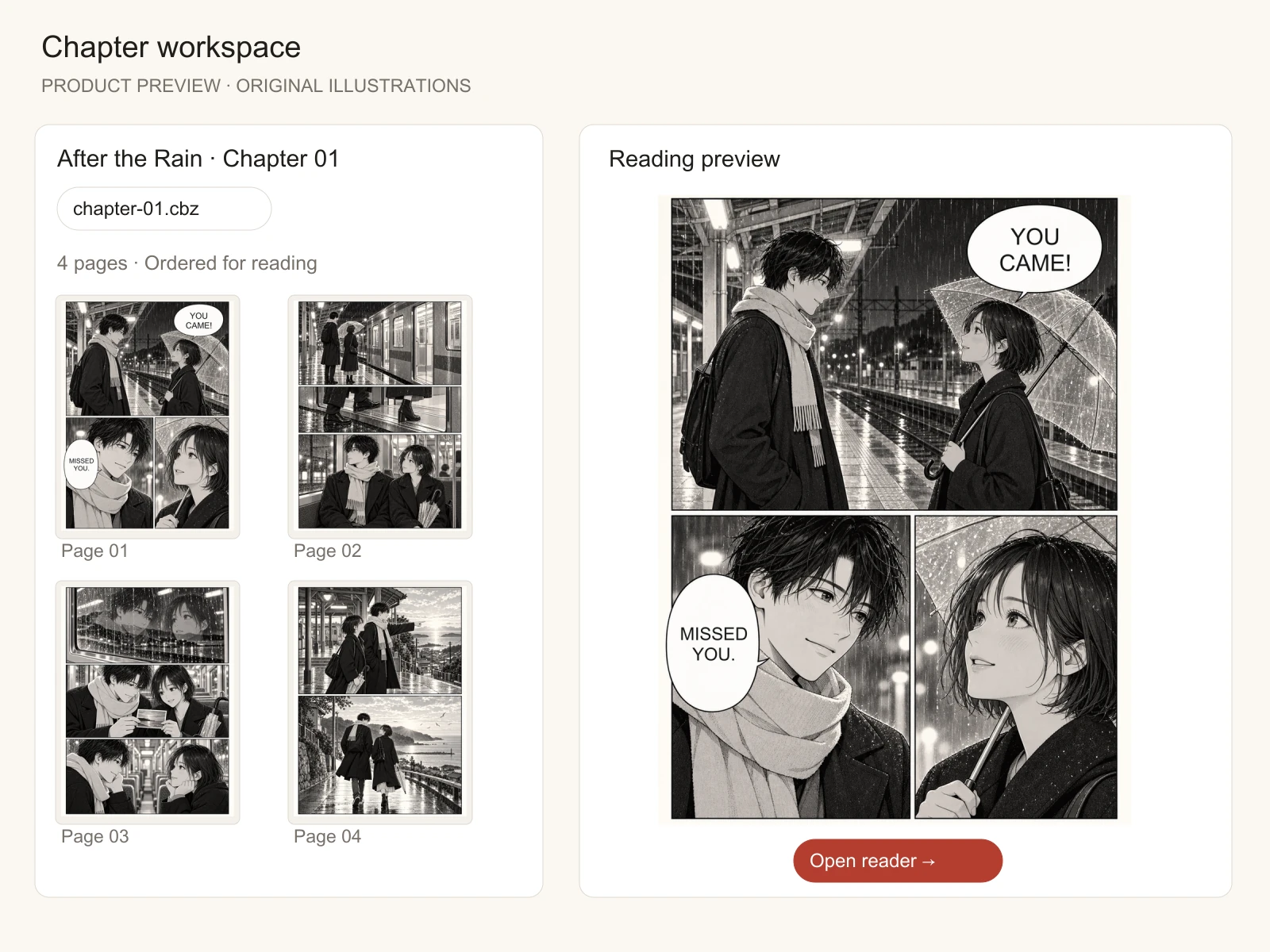 AI manga translator processing multiple raw manga pages into a continuous translated chapter reader