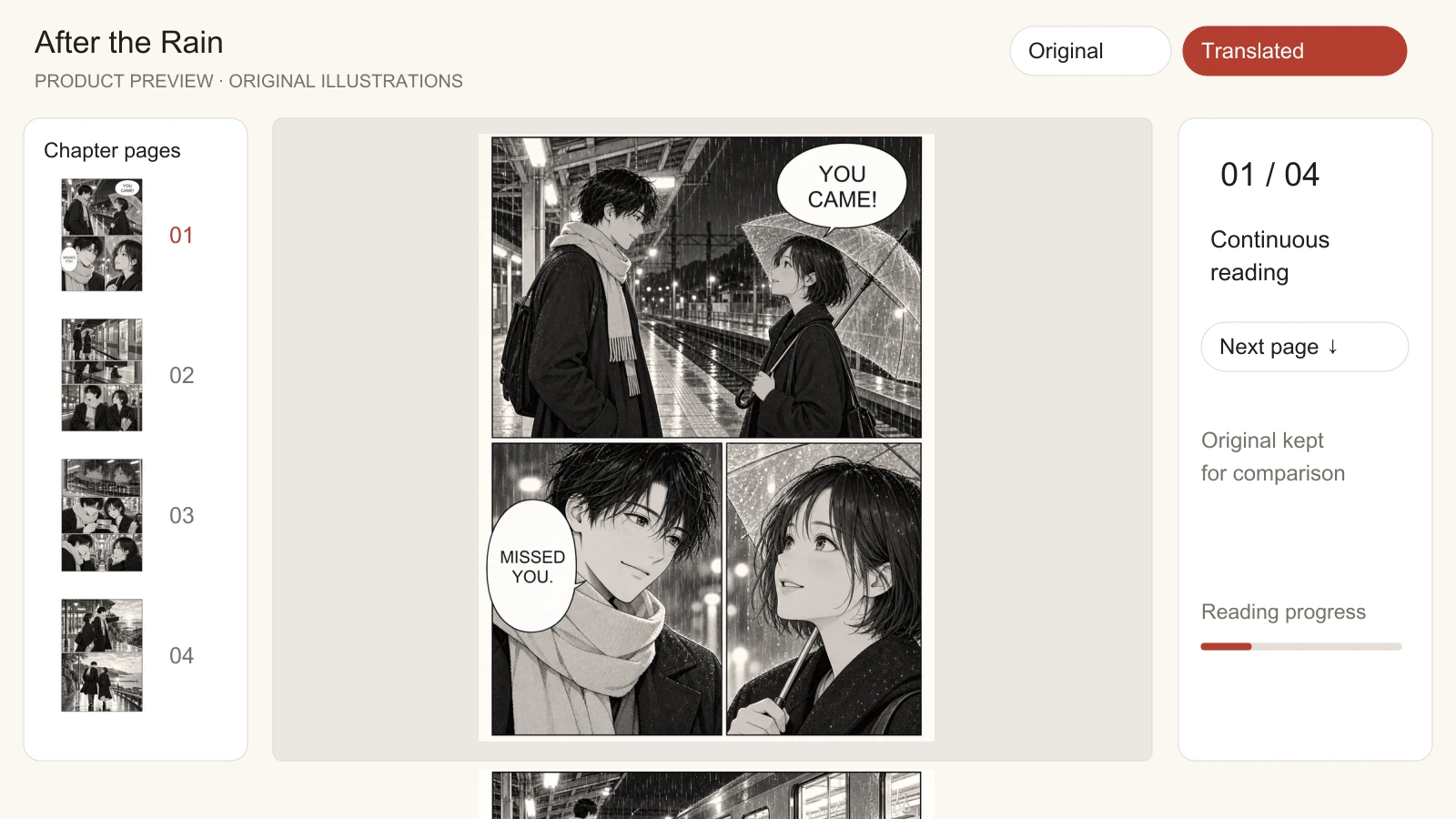AI manga translator reader showing translated manga pages with original and translated view controls