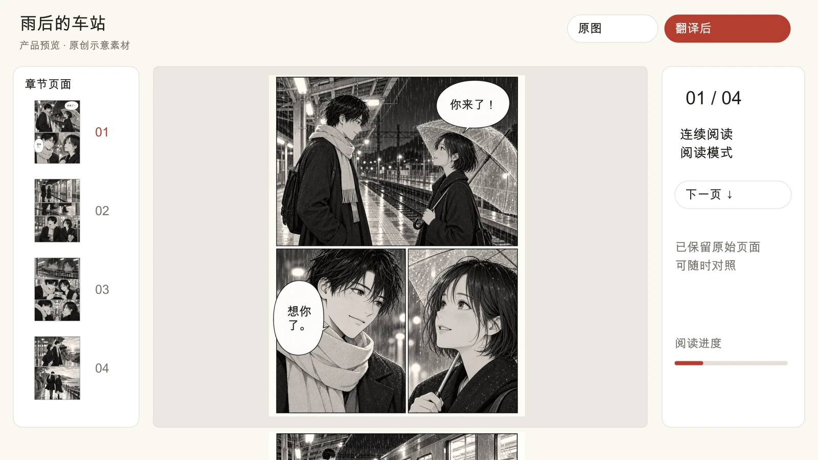 AI 漫画翻译器阅读器展示原图与译图切换能力
