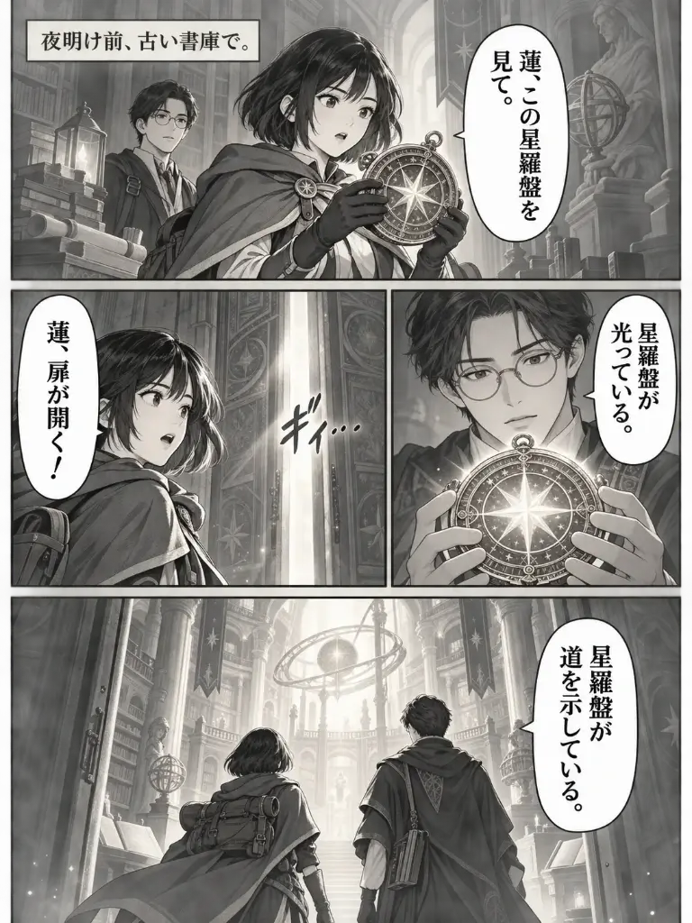 Four-panel archive manga with vertical Japanese dialogue, narration, and a door sound effect